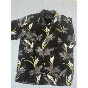 #A015 Tommy Bahama Mens Medium 100% Silk Camp Shirt Black Blue Tropical Floral